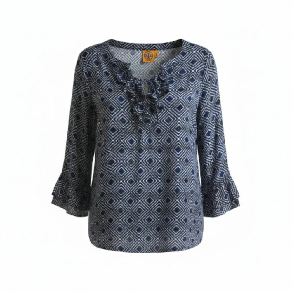 Tory Burch Size 2 Gwenna‎ Normandy Blue Semi-Sheer Silk Blend Tunic Blouse Boho